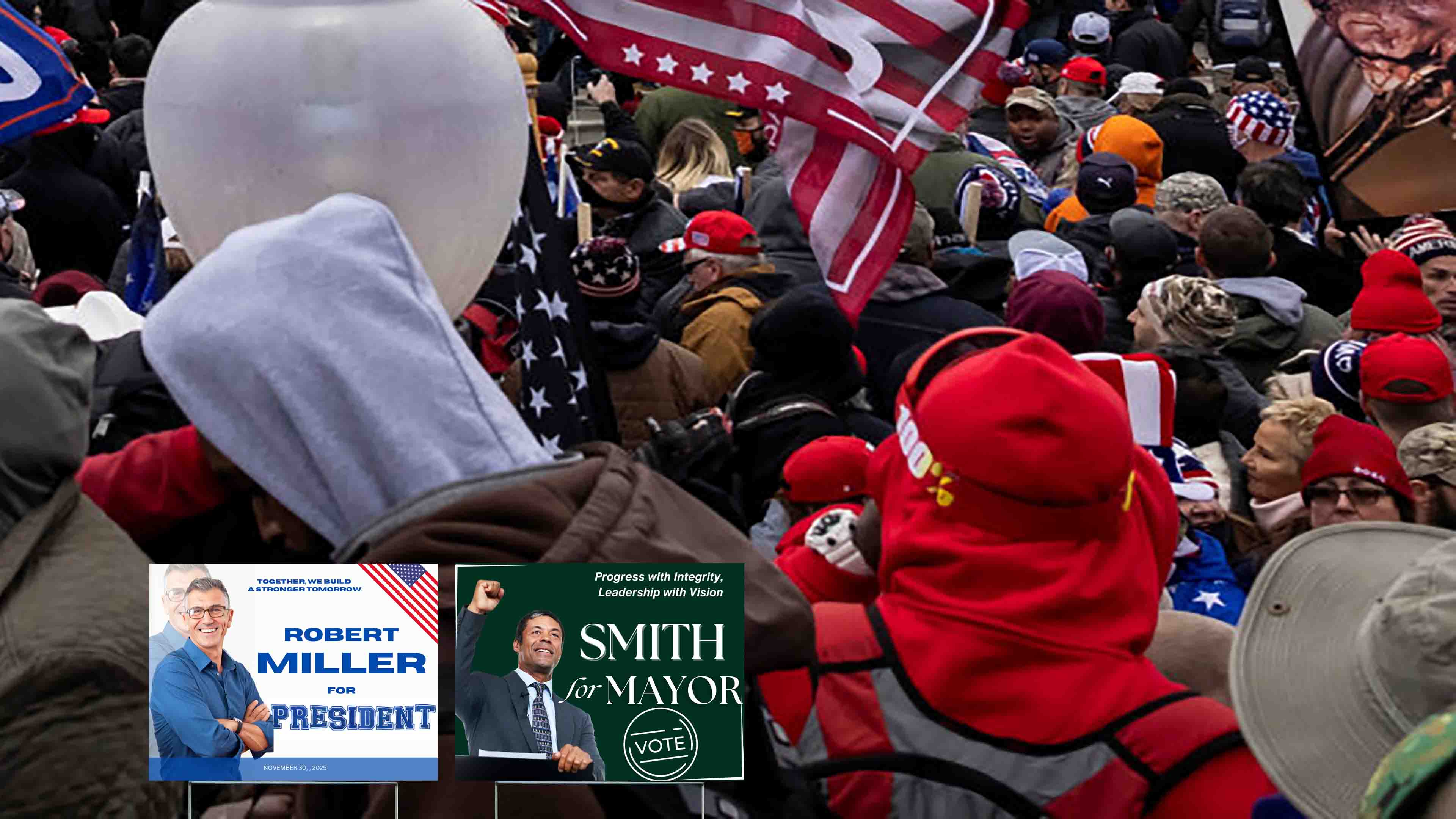 Crowd gathered with political signs supporting Miller and Smith.