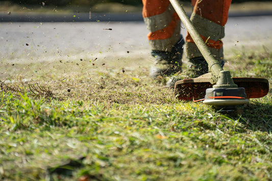 Person using string trimmer to cut grass and weeds. 