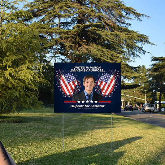 campaign yard sign on a suburban road in the afternoon