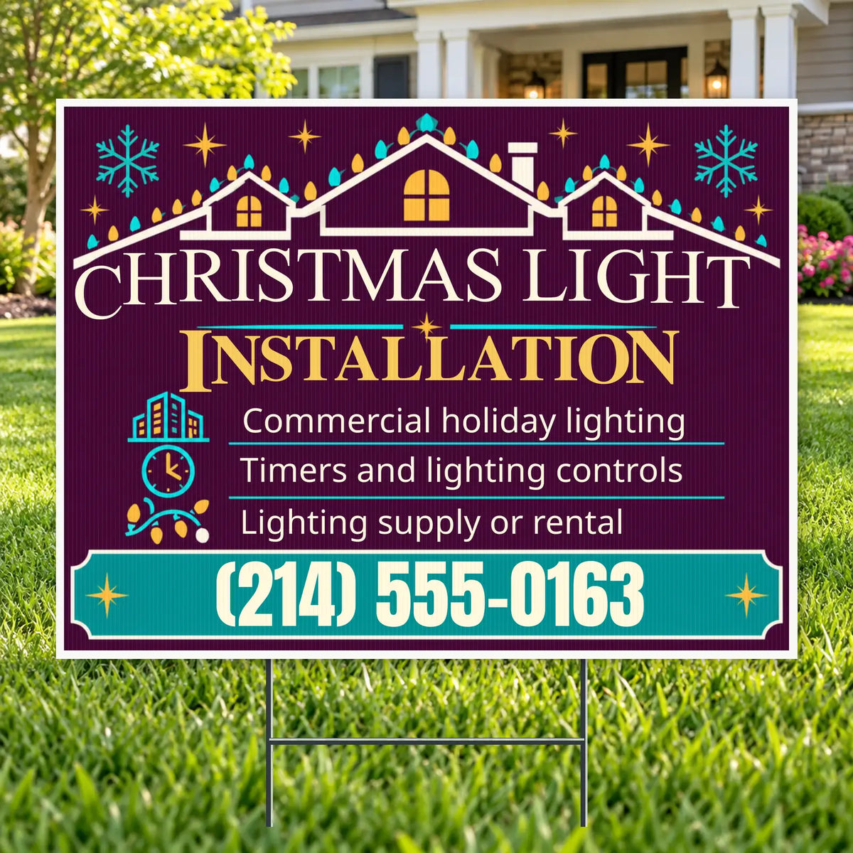 Holiday Signs - Christmas light installation - Plum & Jewel-Tone Roofline Christmas Light Installation Yard Sign – 24 × 18 YardSigns.com