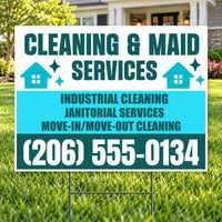A yard sign for 'Cleaning & Maid Services' displayed on a green lawn in front of a house. The sign features a white top section with dark teal text, a bright cyan middle section with dark teal text, and a dark teal bottom section with a large white phone number.