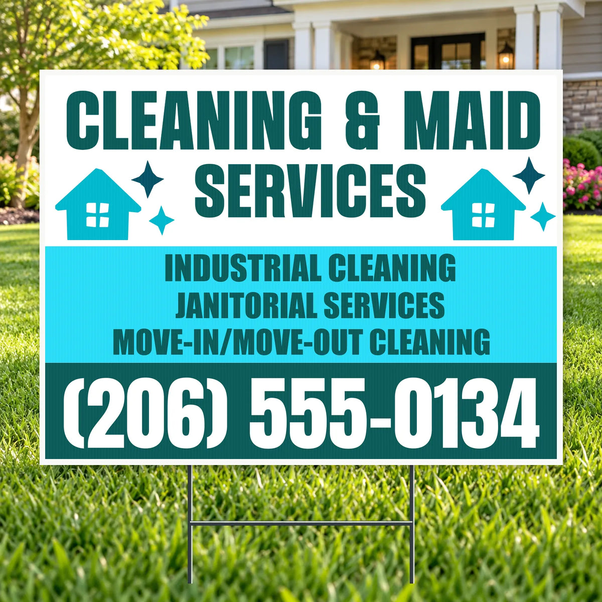 A yard sign for 'Cleaning & Maid Services' displayed on a green lawn in front of a house. The sign features a white top section with dark teal text, a bright cyan middle section with dark teal text, and a dark teal bottom section with a large white phone number.