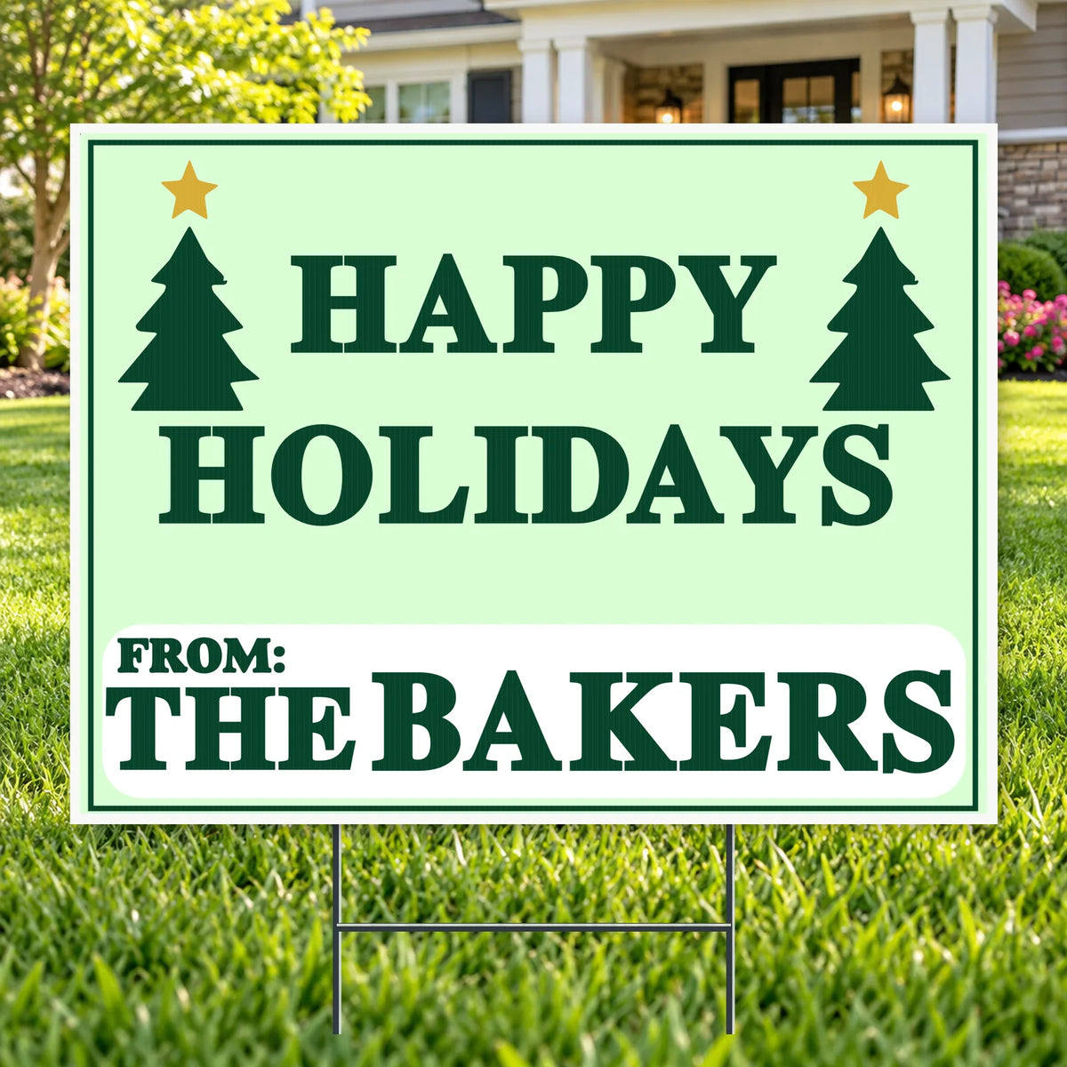 Holiday Signs - Family holiday greeting - Sage & Evergreen Trees Happy Holidays Family Yard Sign – 24 x 18 YardSigns.com