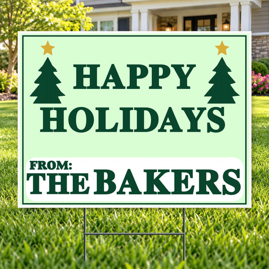 Holiday Signs - Family holiday greeting - Sage & Evergreen Trees Happy Holidays Family Yard Sign – 24 x 18 YardSigns.com
