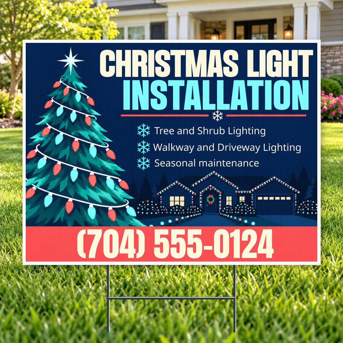 Holiday Signs - Christmas light installation - Midnight Navy & Aqua Trees Christmas Light Installation Yard Sign – 24 × 18 YardSigns.com