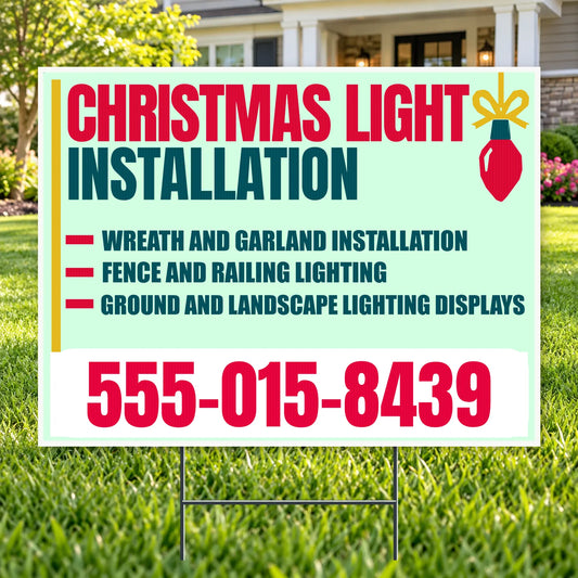 Holiday Signs - Christmas light installation - Mint, Raspberry & Gold Ornament Christmas Light Installation Yard Sign – 24 x 18