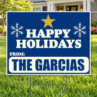 Christmas - Family holiday greeting - Navy & Gold Star Happy Holidays Family Yard Sign – 24 x 18 YardSigns.com
