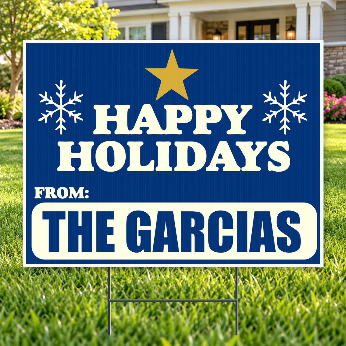 Christmas - Family holiday greeting - Navy & Gold Star Happy Holidays Family Yard Sign – 24 x 18 YardSigns.com