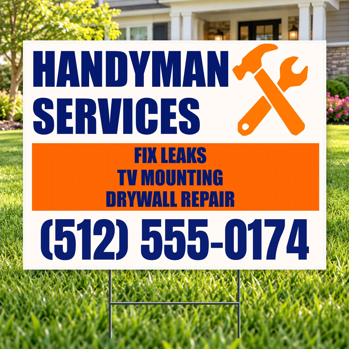 Handyman Services - Navy & Orange Crossed Tools Handyman Services Yard Sign – 24 x 18 YardSigns.com