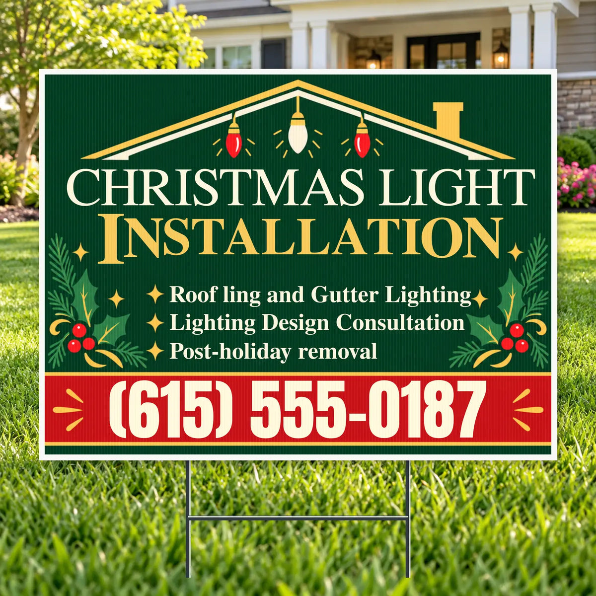 Holiday Signs - Christmas light installation - Evergreen & Gold Roofline Christmas Light Installation Yard Sign – 24 × 18 YardSigns.com