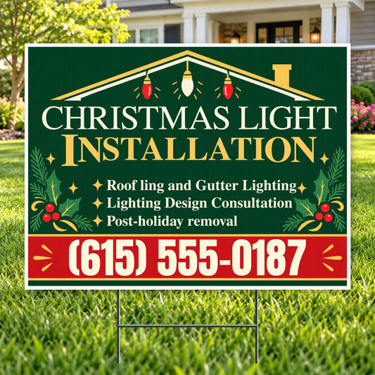 Holiday Signs - Christmas light installation - Evergreen & Gold Roofline Christmas Light Installation Yard Sign – 24 × 18 YardSigns.com
