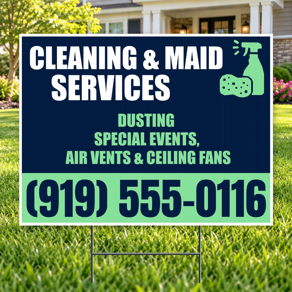 Cleaners/Maids Signs - Navy & Mint Spray Bottle Cleaning & Maid Services Yard Sign – 24 x 18 YardSigns.com