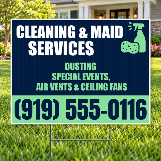 Cleaners/Maids Signs - Navy & Mint Spray Bottle Cleaning & Maid Services Yard Sign – 24 x 18 YardSigns.com