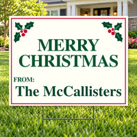 Christmas - Family holiday greeting - Cream, Forest Green & Holly Merry Christmas Family Yard Sign – 24 x 18 YardSigns.com