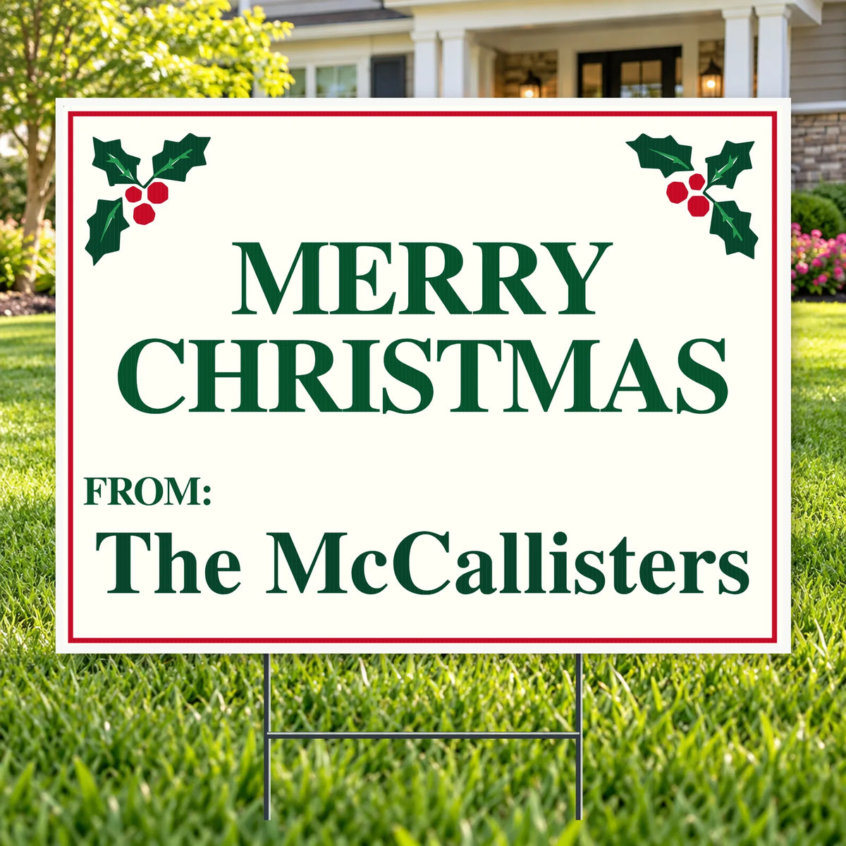 Christmas - Family holiday greeting - Cream, Forest Green & Holly Merry Christmas Family Yard Sign – 24 x 18 YardSigns.com