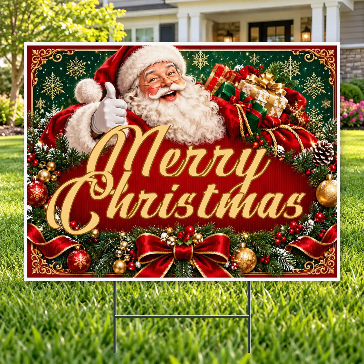 Christmas Greeting - Classic Santa Red & Gold Christmas Yard Sign Template – Custom Message – 24 x 18