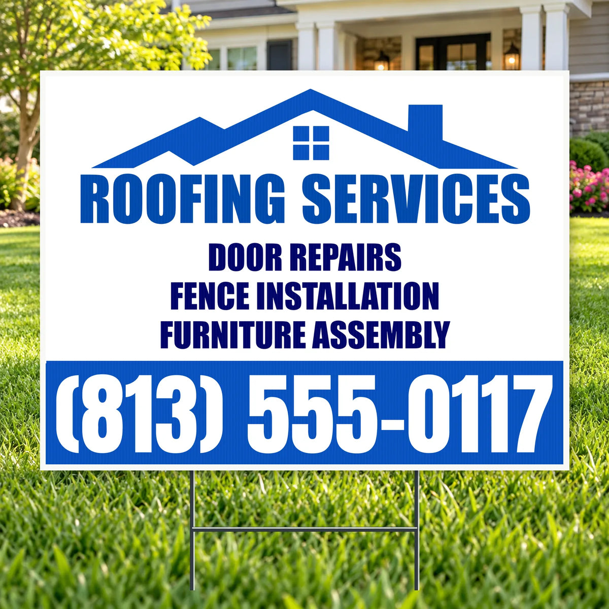 Roofers Signs - Cobalt Blue & White Roofline Roofing Services Yard Sign – 24 x 18 YardSigns.com