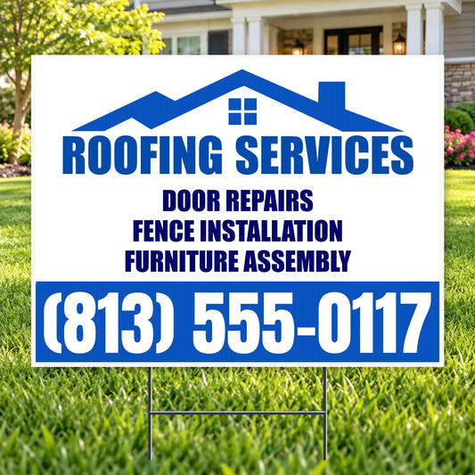 Roofers Signs - Cobalt Blue & White Roofline Roofing Services Yard Sign – 24 x 18 YardSigns.com