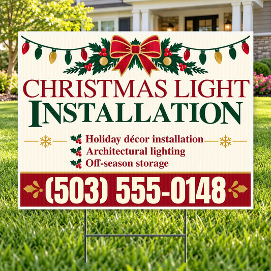 Holiday Signs - Christmas light installation - Cream & Cranberry Wreath Christmas Light Installation Yard Sign – 24 × 18 YardSigns.com