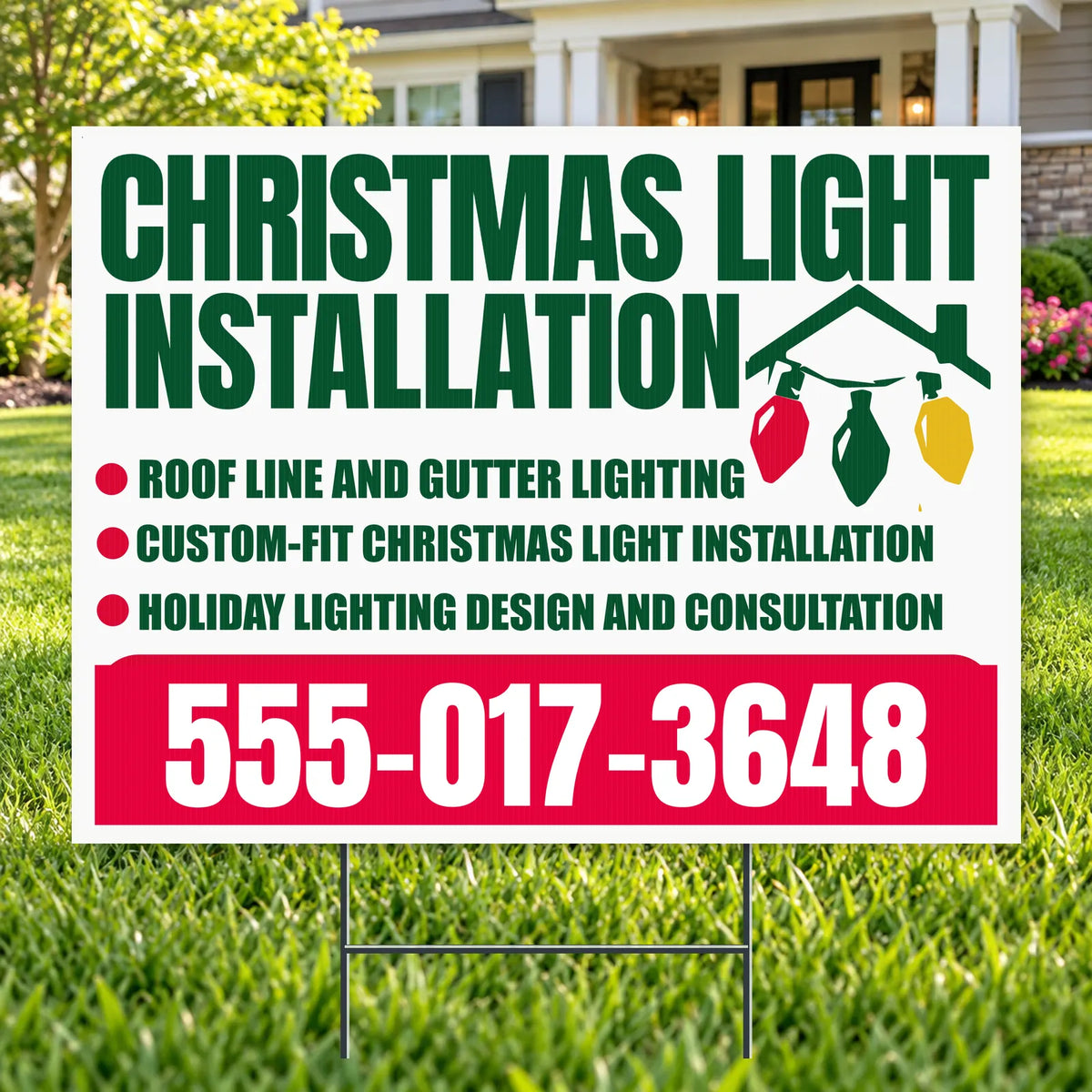Holiday Signs - Christmas light installation - Forest Green, Red & Gold Roofline Christmas Light Installation Yard Sign – 24 x 18 YardSigns.com