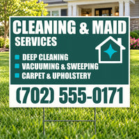 A yard sign advertising 'Cleaning & Maid Services' with a dark green and white background, listing deep cleaning, vacuuming, sweeping, and carpet & upholstery services, plus a phone number. The sign is displayed on a green lawn in front of a house.