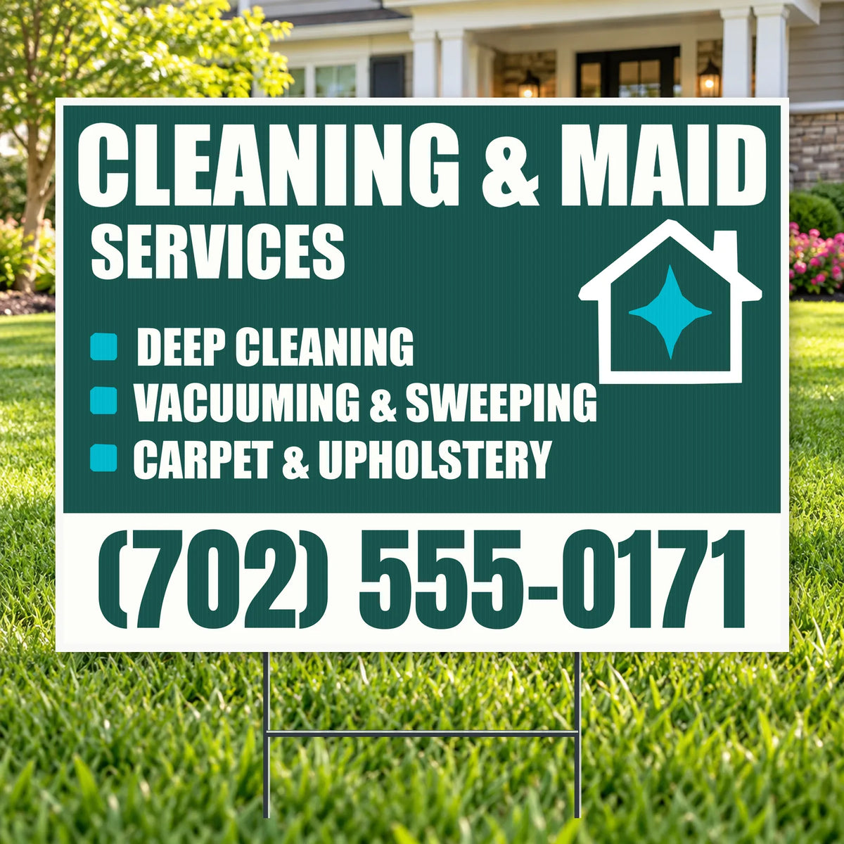 A yard sign advertising 'Cleaning & Maid Services' with a dark green and white background, listing deep cleaning, vacuuming, sweeping, and carpet & upholstery services, plus a phone number. The sign is displayed on a green lawn in front of a house.
