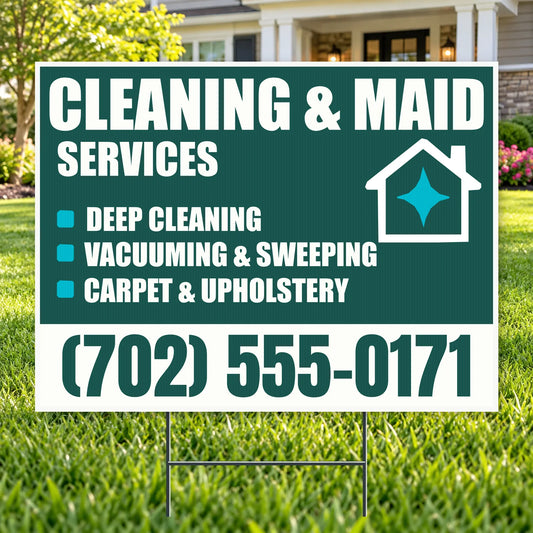 A yard sign advertising 'Cleaning & Maid Services' with a dark green and white background, listing deep cleaning, vacuuming, sweeping, and carpet & upholstery services, plus a phone number. The sign is displayed on a green lawn in front of a house.