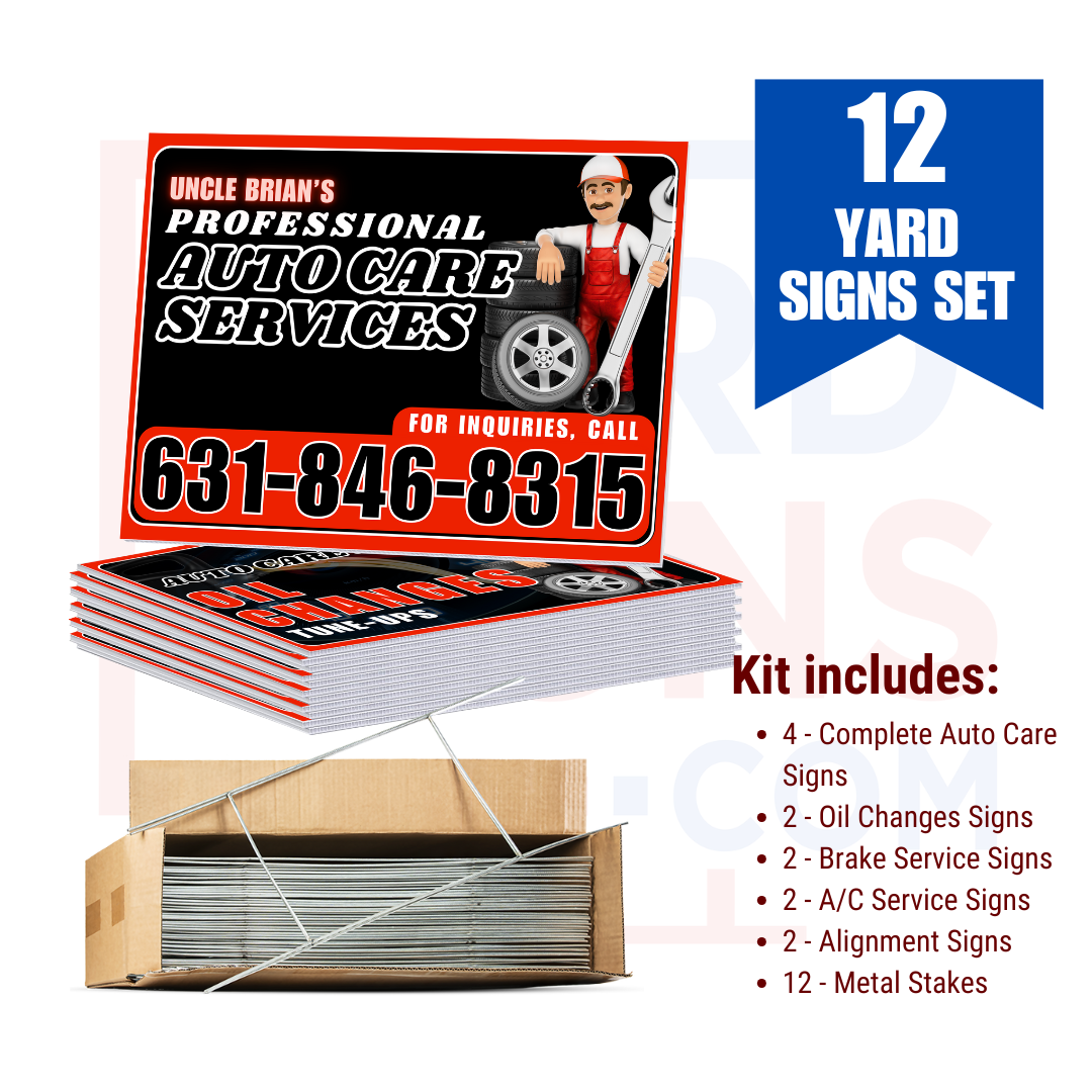 Auto Repair Services Pack - Complete Auto Care Signs, Oil Changes Signs, Brake Service Signs, A/C Service Signs, Alignment Signs - Chili Red Design - 12 Yardsigns - YardSigns.com
