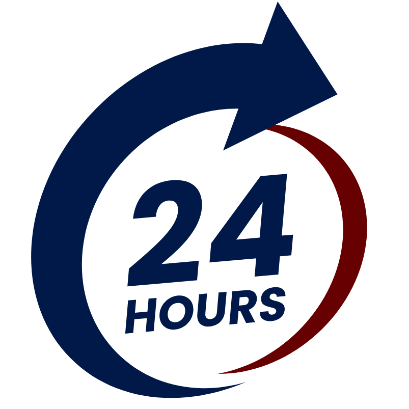 Logo with a blue arrow and '24 Hours' text on a white background