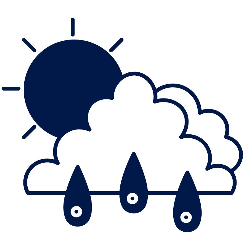 Icon of a sun, cloud, and raindrops on a white background