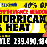 NewSouth Window Solutions advertisement offering 40% off on performance windows for hurricane and heat protection, with a contact number to call or text Kyle at 239.490.1848.