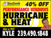 NewSouth Window Solutions advertisement offering 40% off on performance windows for hurricane and heat protection, with a contact number to call or text Kyle at 239.490.1848.