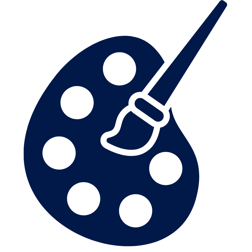 Navy blue artist's palette with a paintbrush icon on a white background