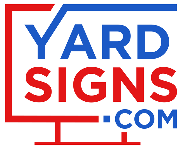 Logo of yardsigns.com with the text "Yard Signs" in blue and red on a black background.