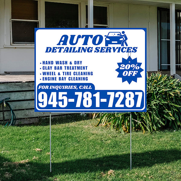 Auto Detailing Services - Hand Wash & Dry, Clay Bar Treatment, Wheel & Tire Cleaning, Engine Bay Cleaning with Discount Tag - Plain Blue White Design - YardSigns.com