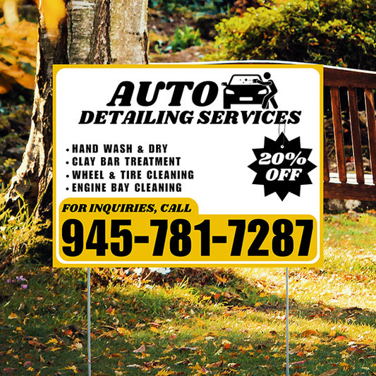 Auto Detailing Services - Hand Wash & Dry,  Clay Bar Treatment, Wheel & Tire Cleaning, Engine Bay Cleaning with Discount Tag - Plain Mustard Gold White Design
