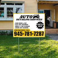 Auto Detailing Services - Hand Wash & Dry,  Clay Bar Treatment, Wheel & Tire Cleaning, Engine Bay Cleaning with Discount Tag - Plain Mustard Gold White Design YardSigns.com