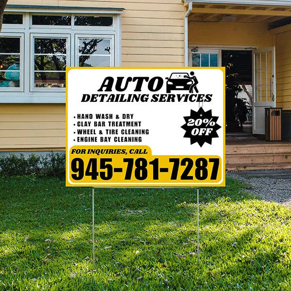 Auto Detailing Services - Hand Wash & Dry,  Clay Bar Treatment, Wheel & Tire Cleaning, Engine Bay Cleaning with Discount Tag - Plain Mustard Gold White Design YardSigns.com