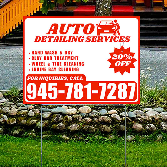 Auto Detailing Services - Hand Wash & Dry, Clay Bar Treatment, Wheel & Tire Cleaning, Engine Bay Cleaning with Discount Tag - Plain Chili Red White Design - YardSigns.com