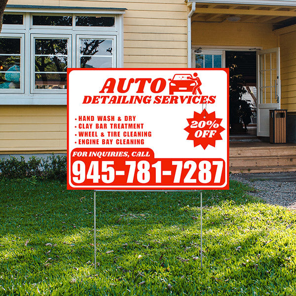 Auto Detailing Services - Hand Wash & Dry, Clay Bar Treatment, Wheel & Tire Cleaning, Engine Bay Cleaning with Discount Tag - Plain Chili Red White Design - YardSigns.com