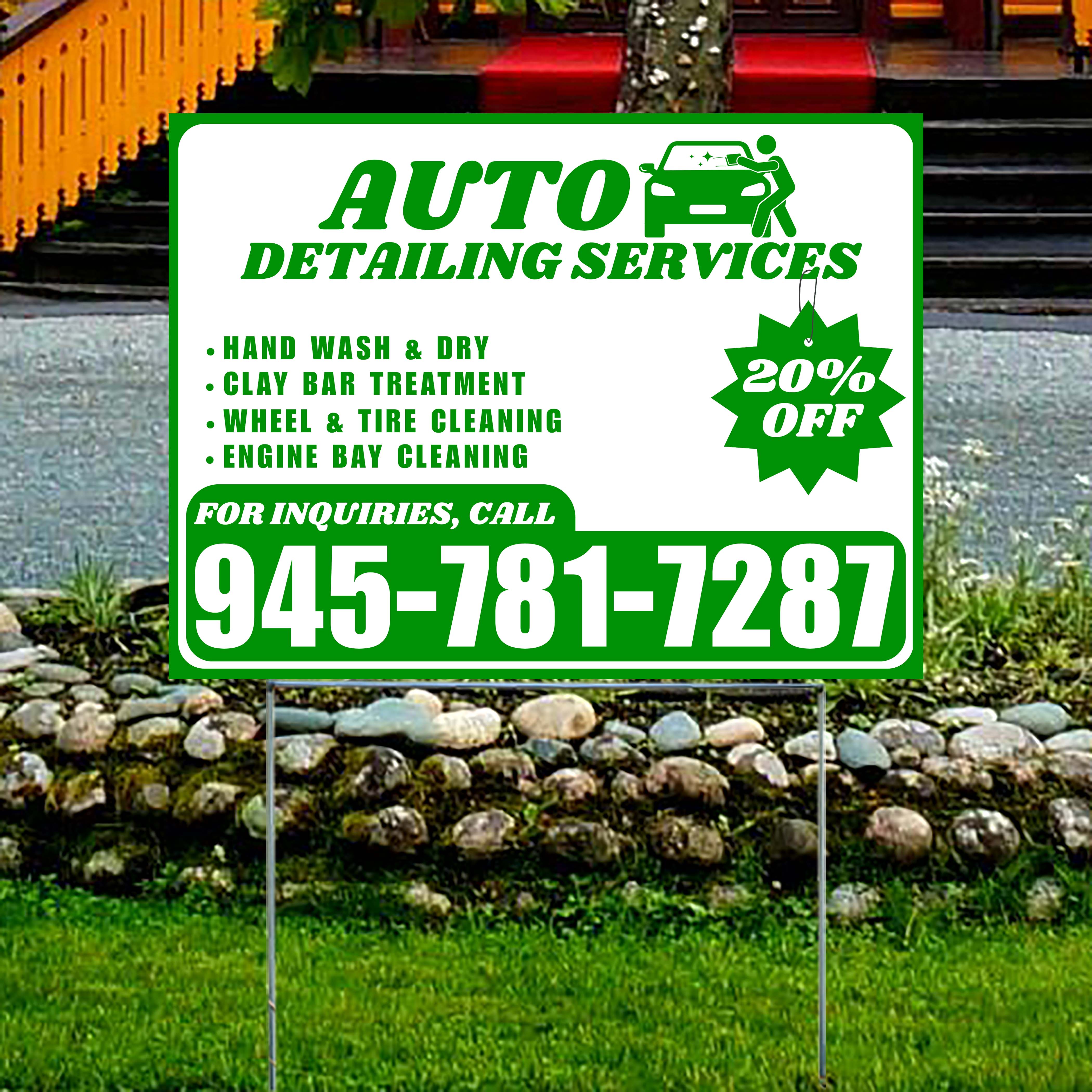 Auto Detailing Services - Hand Wash & Dry, Clay Bar Treatment, Wheel & Tire Cleaning, Engine Bay Cleaning with Discount Tag - Plain Green White Design - YardSigns.com