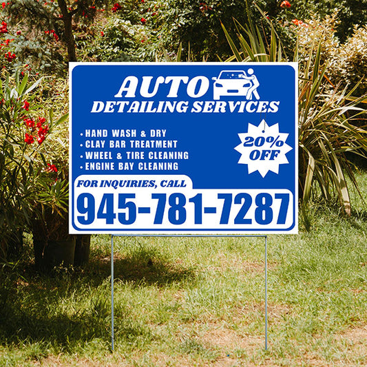 Auto Detailing Services - Hand Wash & Dry, Clay Bar Treatment, Wheel & Tire Cleaning, Engine Bay Cleaning with Discount Tag - Plain White Blue Design - YardSigns.com