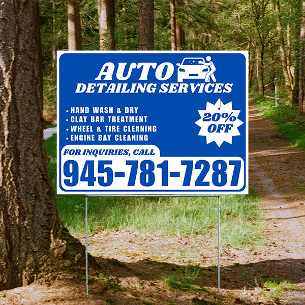 Auto Detailing Services - Hand Wash & Dry, Clay Bar Treatment, Wheel & Tire Cleaning, Engine Bay Cleaning with Discount Tag - Plain White Blue Design - YardSigns.com