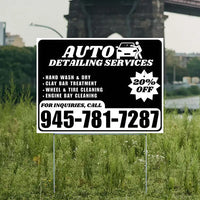 Auto Detailing Services - Hand Wash & Dry, Clay Bar Treatment, Wheel & Tire Cleaning, Engine Bay Cleaning with Discount Tag - Plain White Black Design - YardSigns.com