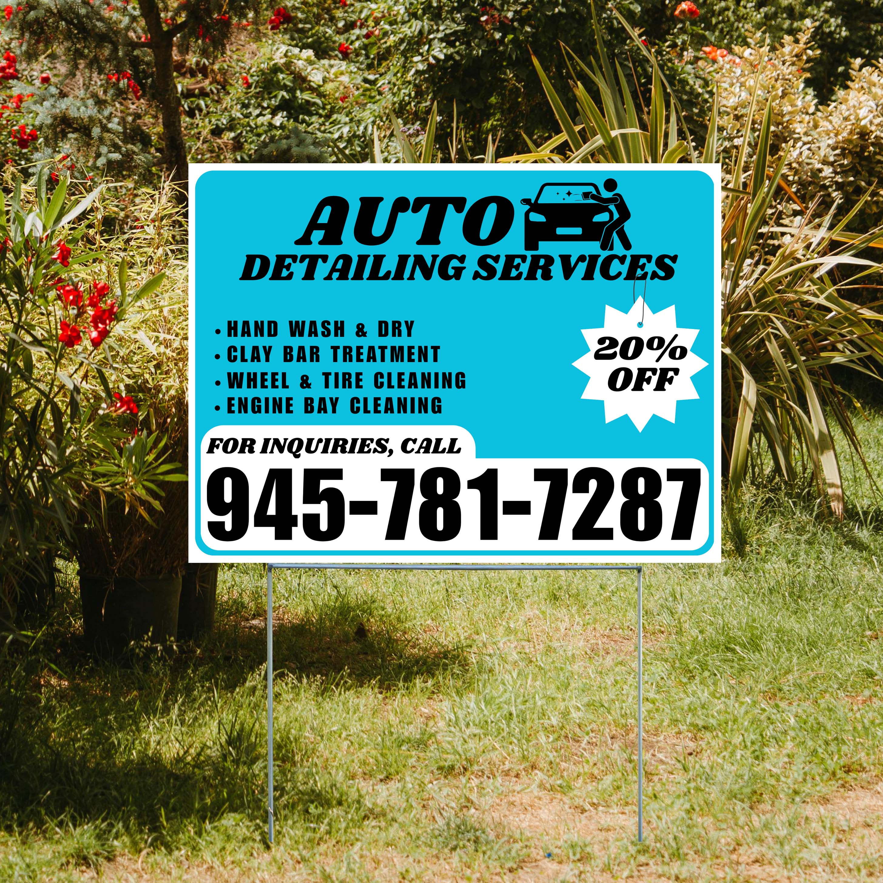 Auto Detailing Services - Hand Wash & Dry, Clay Bar Treatment, Wheel & Tire Cleaning, Engine Bay Cleaning with Discount Tag - Plain White Aqua Blue Design - YardSigns.com