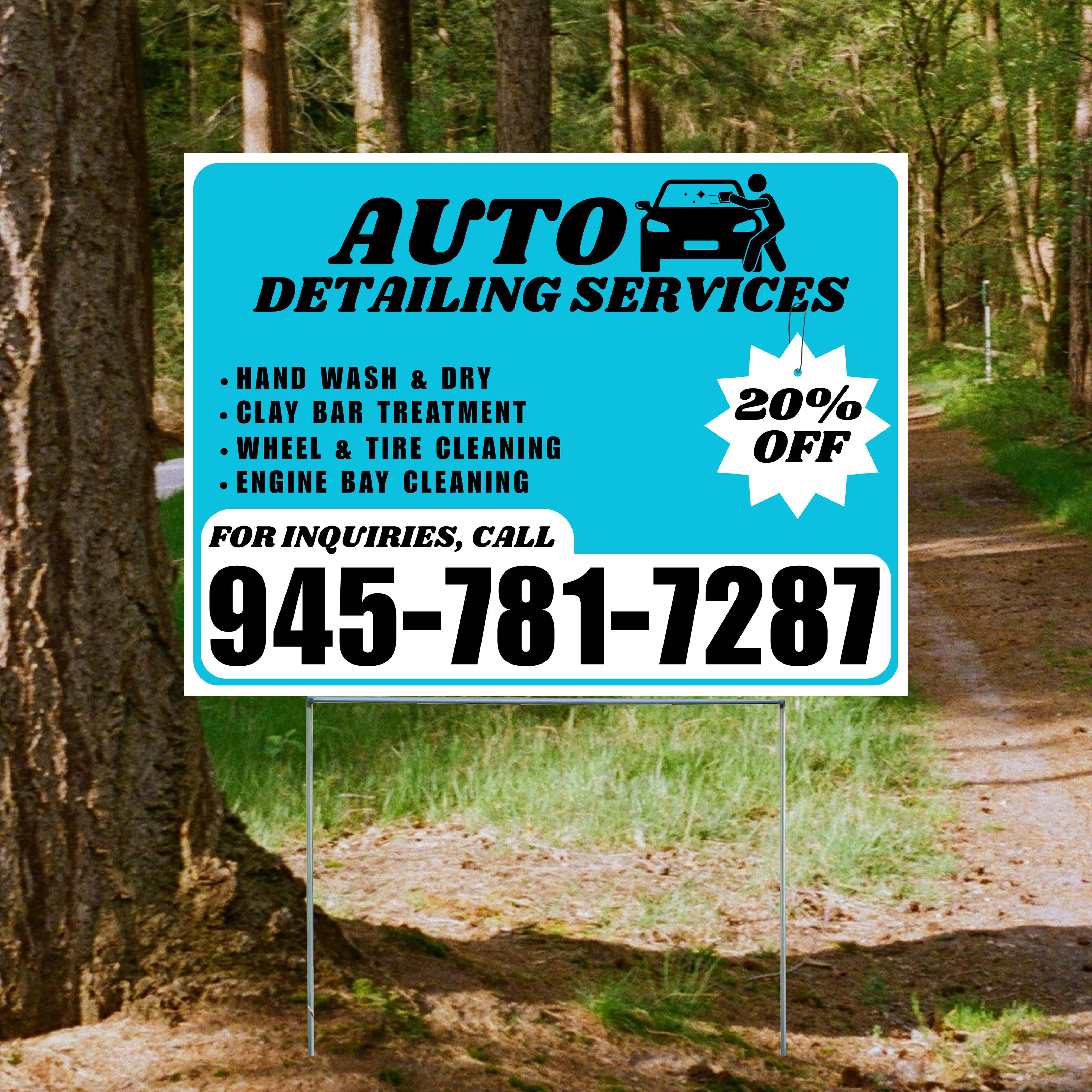 Auto Detailing Services - Hand Wash & Dry, Clay Bar Treatment, Wheel & Tire Cleaning, Engine Bay Cleaning with Discount Tag - Plain White Aqua Blue Design - YardSigns.com