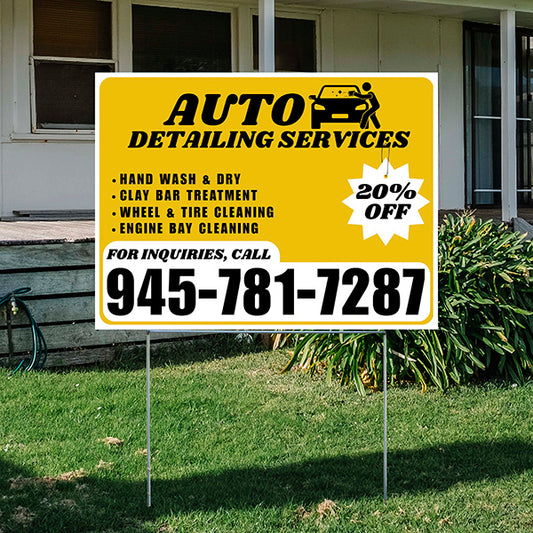 Auto Detailing Services - Hand Wash & Dry, Clay Bar Treatment, Wheel & Tire Cleaning, Engine Bay Cleaning with Discount Tag - Plain White Mustard Gold Design - YardSigns.com