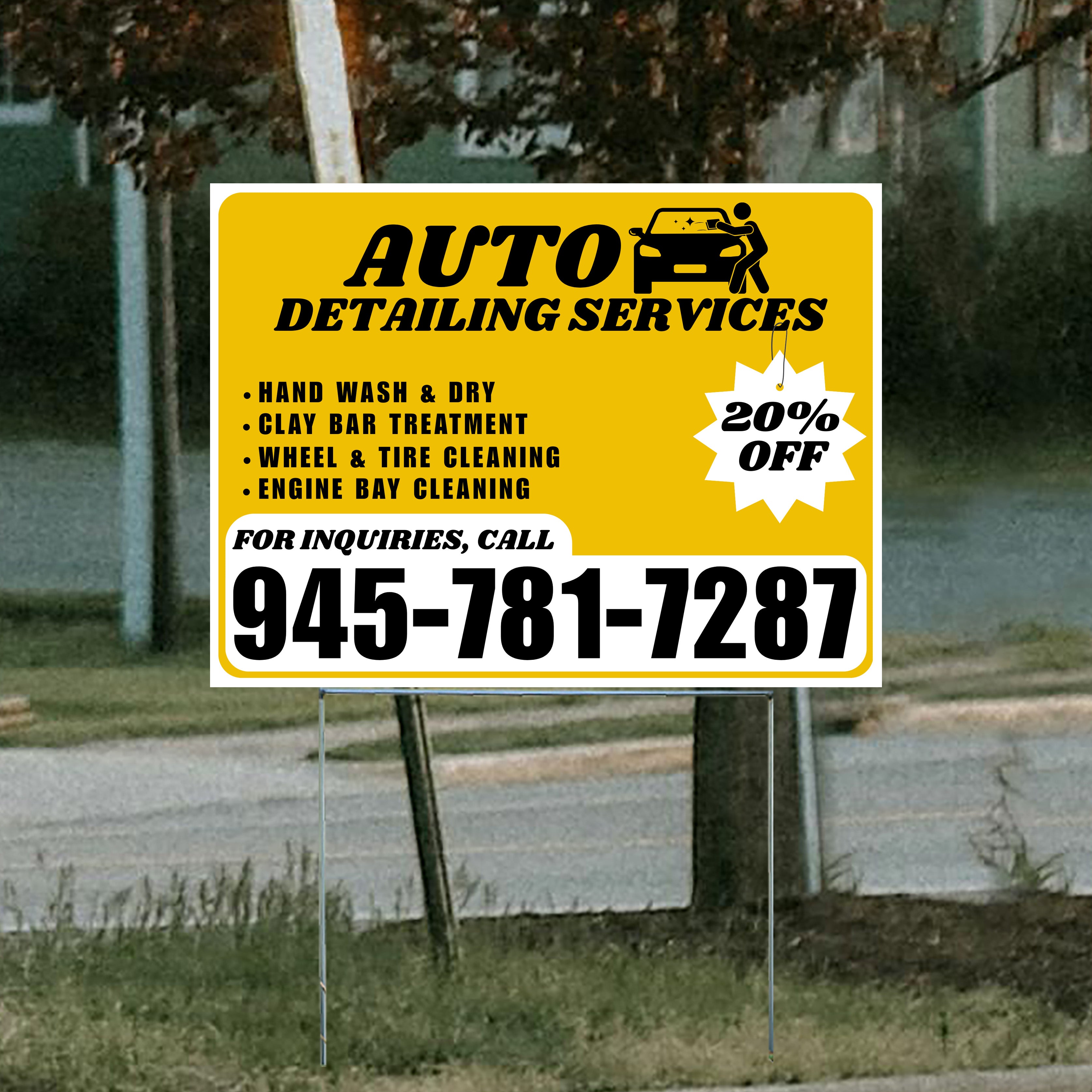 Auto Detailing Services - Hand Wash & Dry, Clay Bar Treatment, Wheel & Tire Cleaning, Engine Bay Cleaning with Discount Tag - Plain White Mustard Gold Design - YardSigns.com