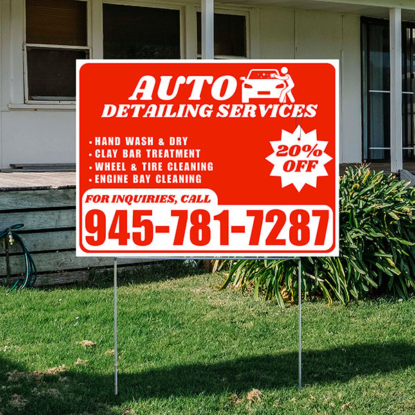 Auto Detailing Services - Hand Wash & Dry, Clay Bar Treatment, Wheel & Tire Cleaning, Engine Bay Cleaning with Discount Tag - Plain White Chili Red Design - YardSigns.com