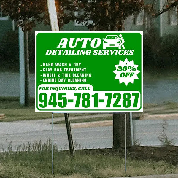 Auto Detailing Services - Hand Wash & Dry, Clay Bar Treatment, Wheel & Tire Cleaning, Engine Bay Cleaning with Discount Tag - Plain White Green Design - YardSigns.com
